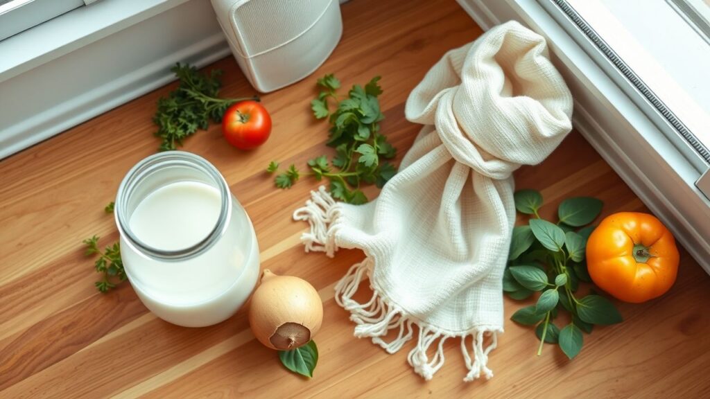 Een houten aanrecht met melkkefir, notenmelkzak en verse kruiden.