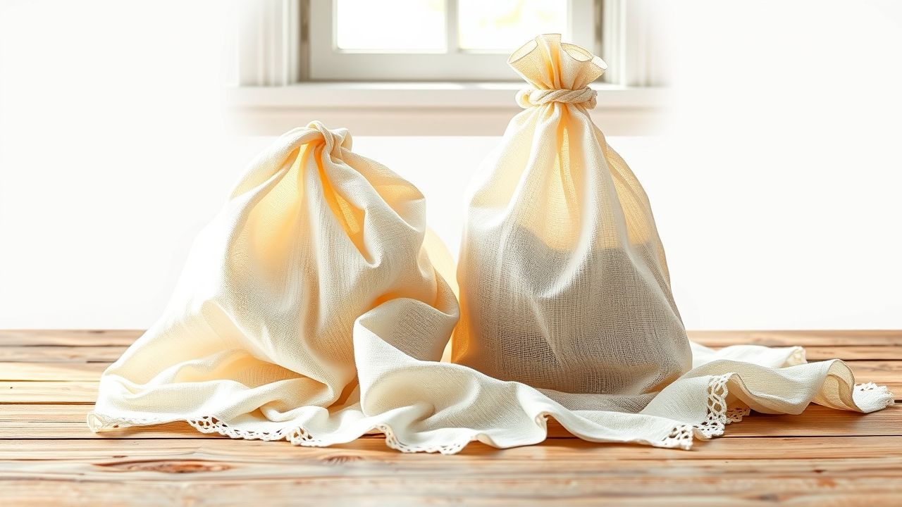 Een close-up van kaasdoek en notenmelkzak op een houten keukenblad.