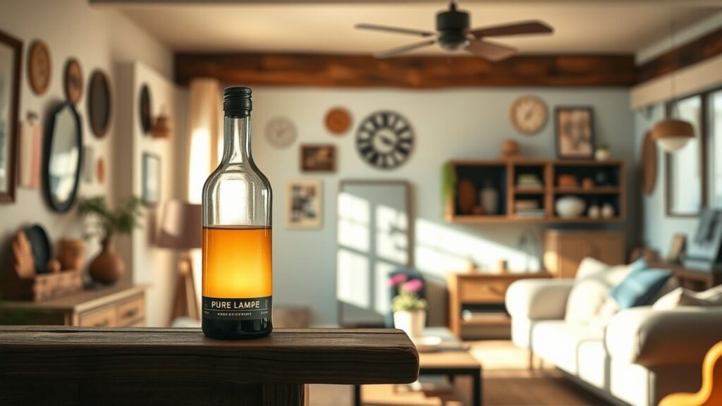 Een fles Pure Lampe op een rustieke houten plank in een gezellige woonkamer.