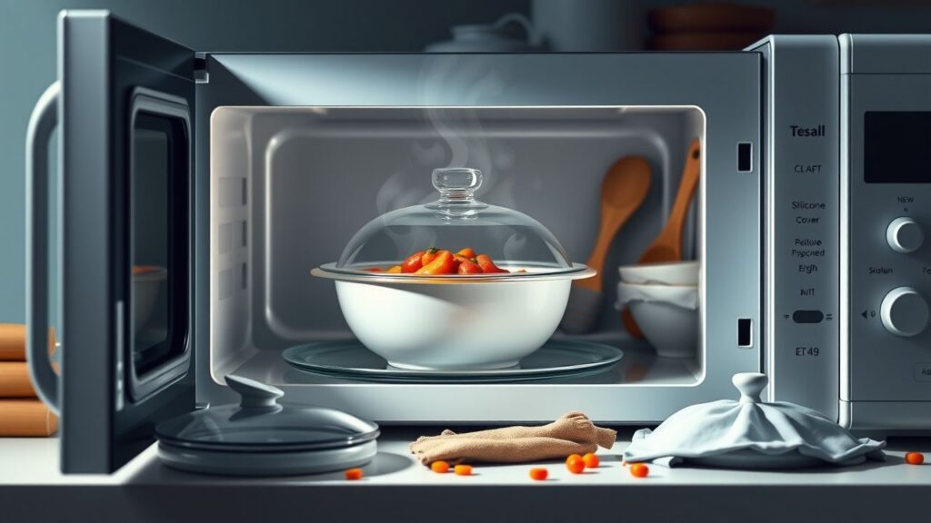 Een magnetron met verschillende dekselopties voor het bewaren van voedsel.