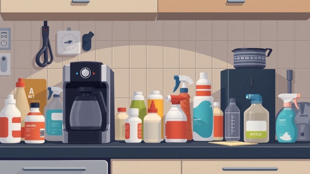 Een rommelig aanrecht met koffiemachine, melkopschuimer en schoonmaakproducten.