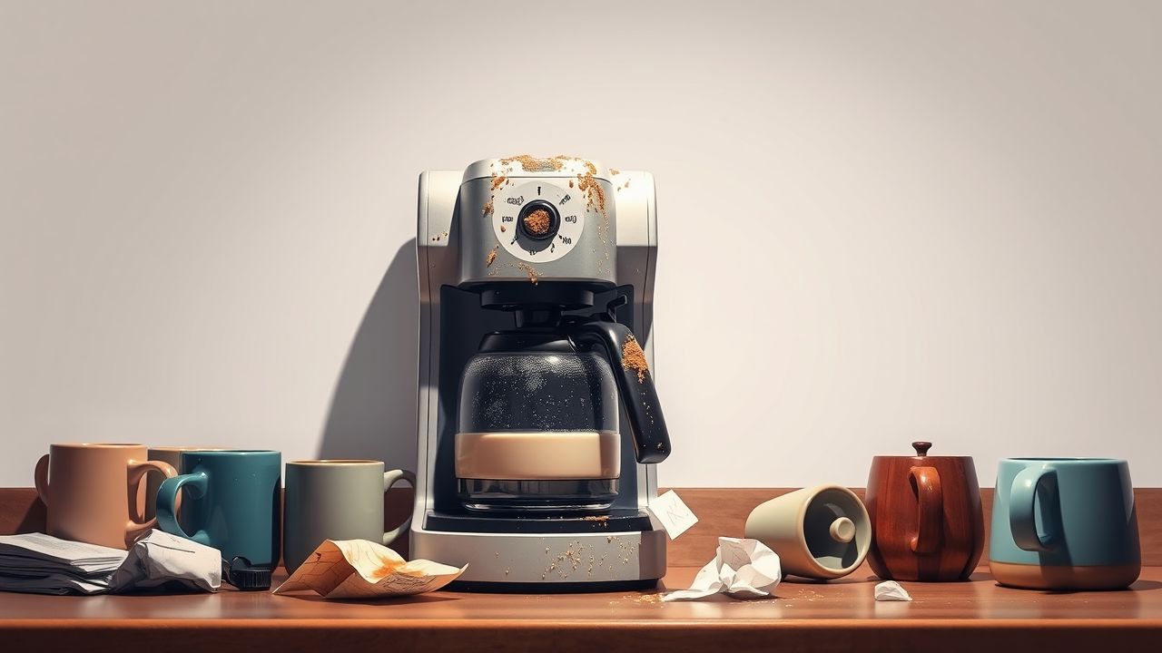 Een rommelig keukenaanrecht met een veelgebruikte koffiemachine en mokken.