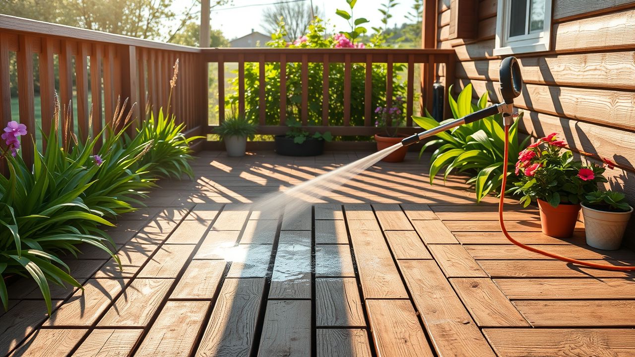 Een houten dek wordt gereinigd met een hogedrukreiniger tussen planten en bloemen.