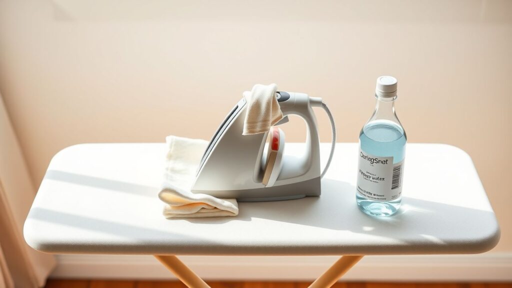 Een stoomstrijkijzer en vouwdoek op een strijkplank in huiselijke omgeving.