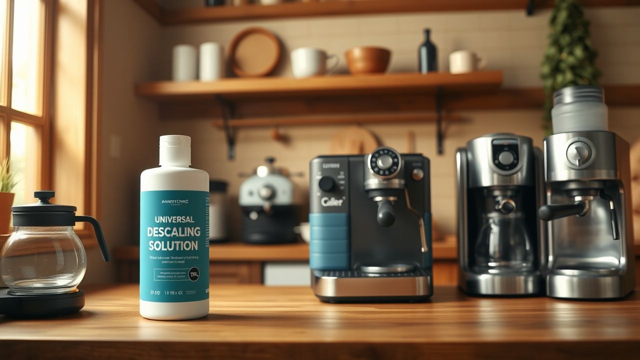 Een universele ontkalkingsoplossing naast koffiezetapparaten in een rustieke keuken.