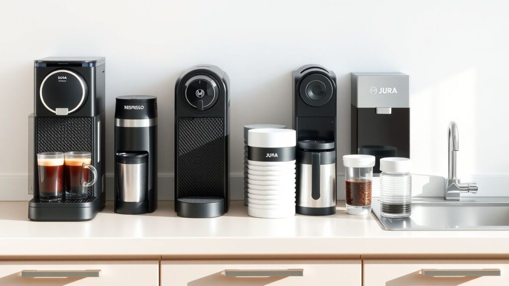 Een keukenaanrecht met verschillende koffiemachines en waterfilters van verschillende merken.