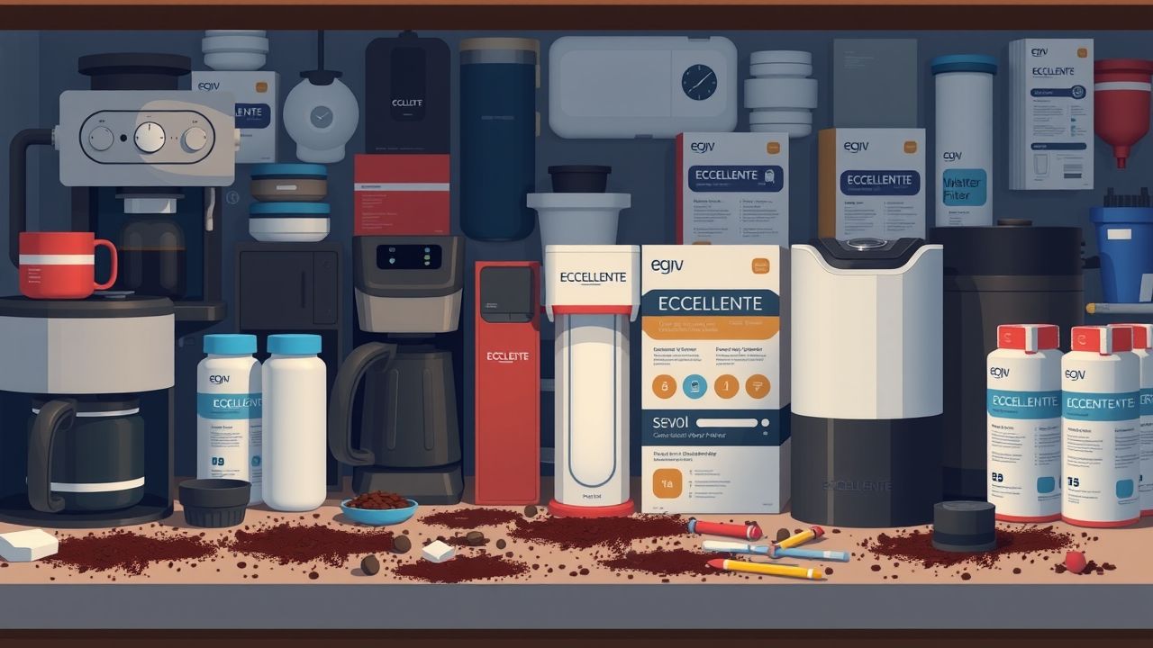 De rommelige keuken toont verschillende koffiemachines en waterfilteropties.