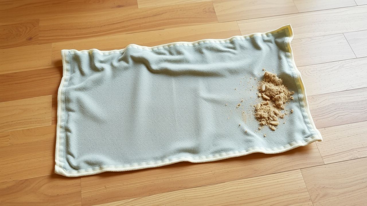 Een gebruikte, herbruikbare vloerdoek ligt op een houten vloer.