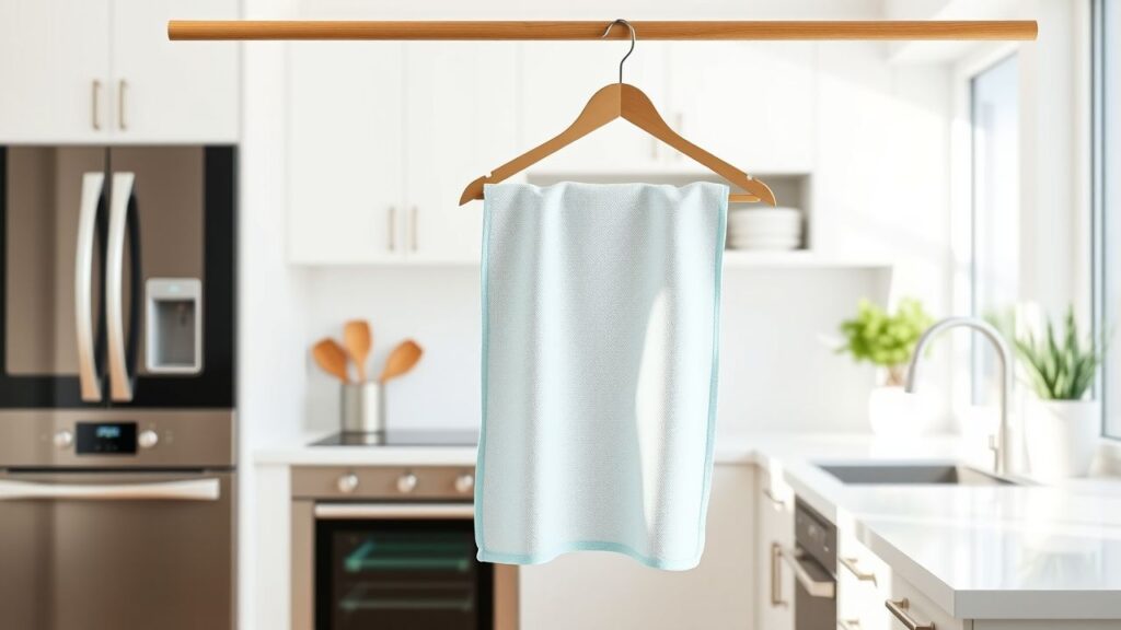Een herbruikbare microvezel schoonmaakdoek hangt in een moderne keuken.