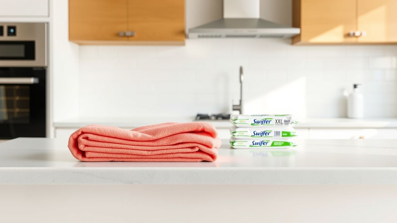 Een moderne keuken met herbruikbare schoonmaakdoekjes benadrukt duurzaamheid.