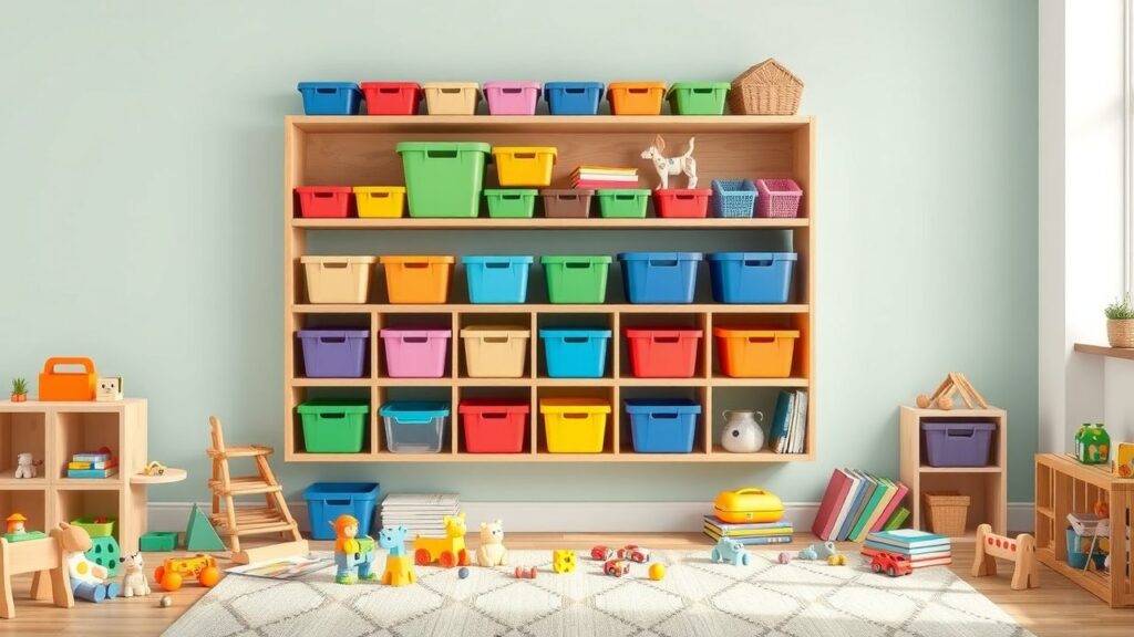 Een georganiseerde houten wandplank met kleurrijke bakken en manden in een kinderkamer.
