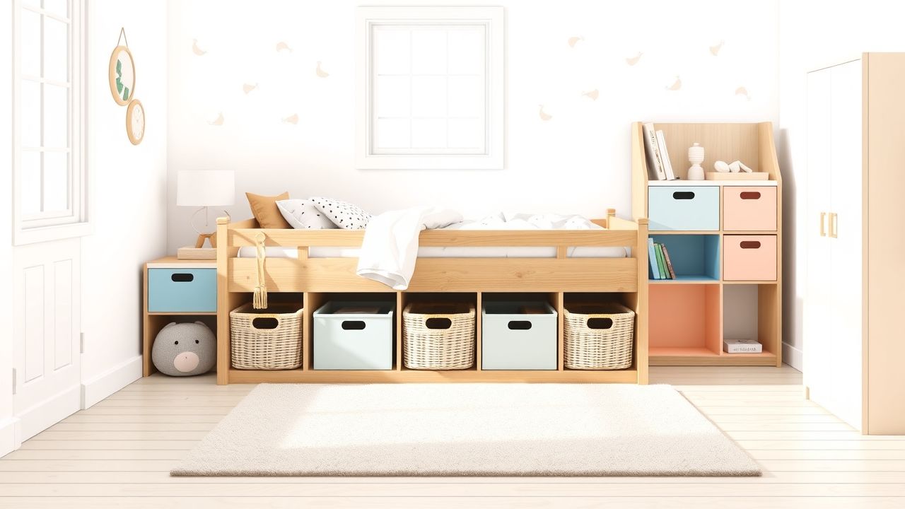 Een kinderkamer ontworpen in een platte stijl met opslagopties.