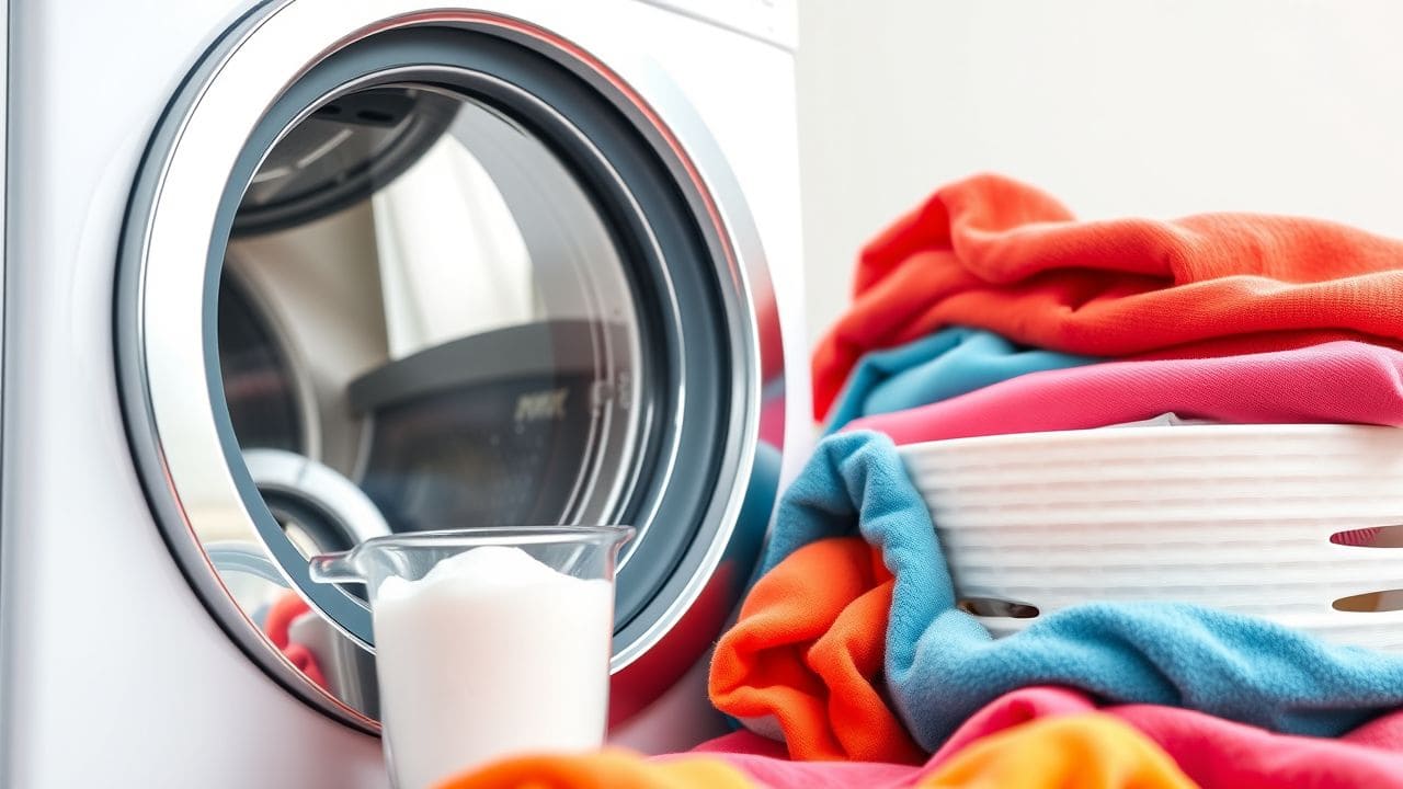Een wasmachine en fris ruikend wasgoed in een lichte, georganiseerde ruimte.