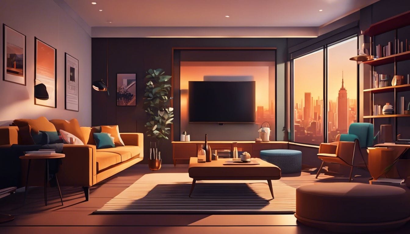 Een gezellige woonkamer met een grote tv en comfortabel meubilair.